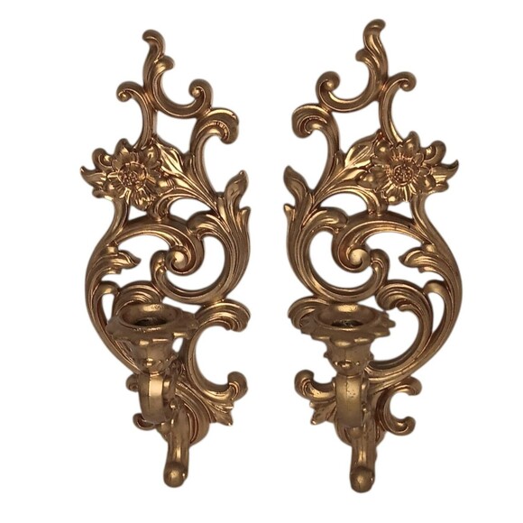 VTG Pair Syroco Gold Ornate Floral Scroll Candle Sconce Hollywood Regency #5133 - Picture 5 of 16